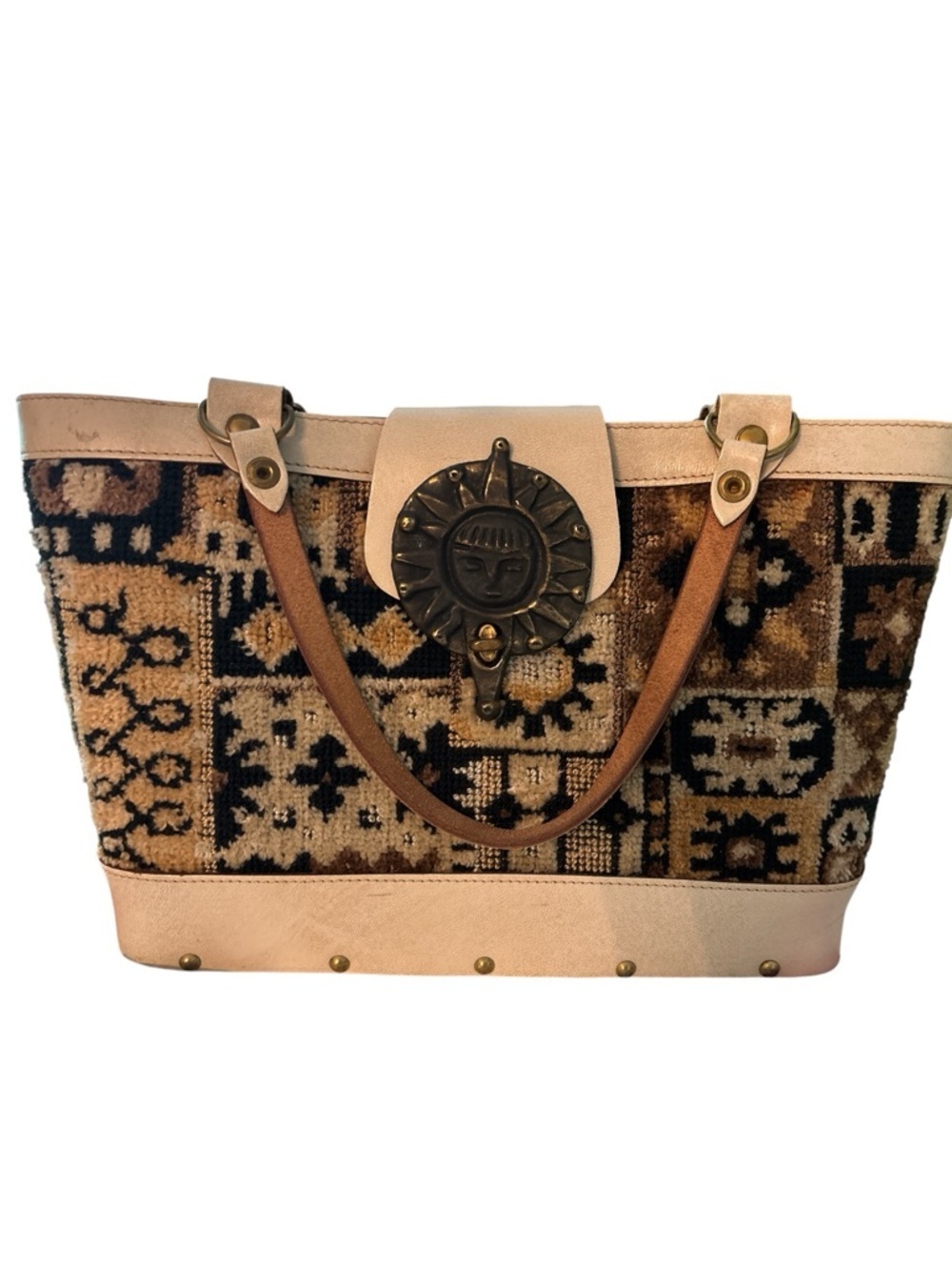 ENID COLLINS vintage structured wood and fabric bag. Earth tone ethnic design